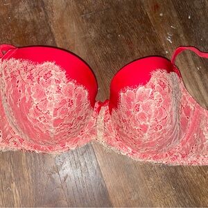 Victoria's Secret Coral and Beige Lace Strapless Push-Up Bra